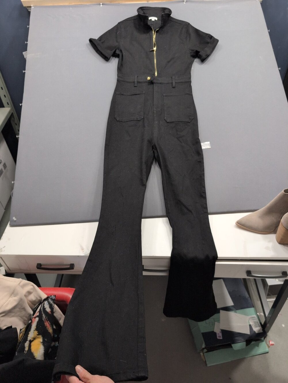 We Wore What Black Short-Sleeve Flare Jumpsuit Gold Zip M